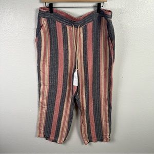 Soft Surroundings Oatmeal Pink Blue Linen Blend Striped Crop Pants Pocke…
